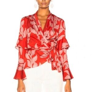 Patbo Leaf Print Ruffle Sleeve Wrap Top